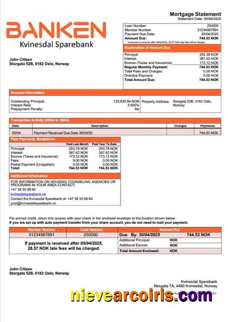 Norway Kvinesdal Sparebank mortgage statement Word and PDF template